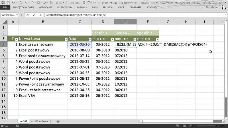 Excel wyciąganie miesiąca