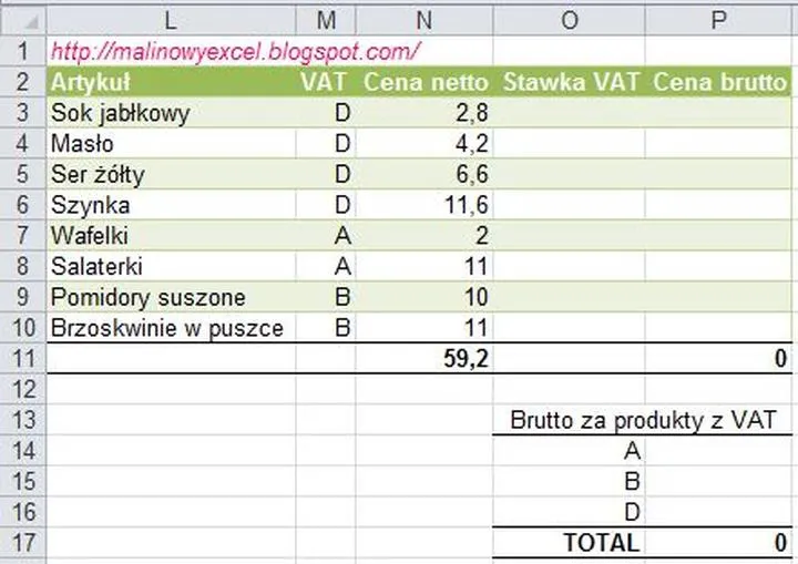 Obliczanie ceny bez VAT w Excelu