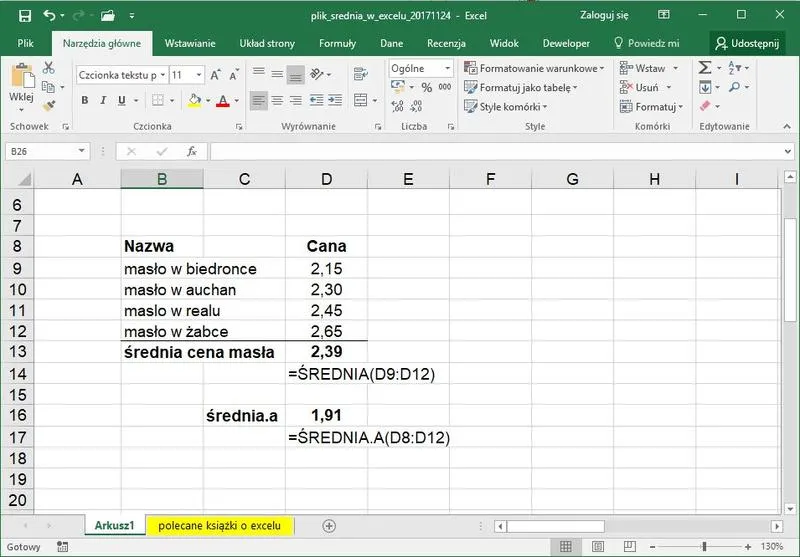 Obliczanie średniej w Excelu