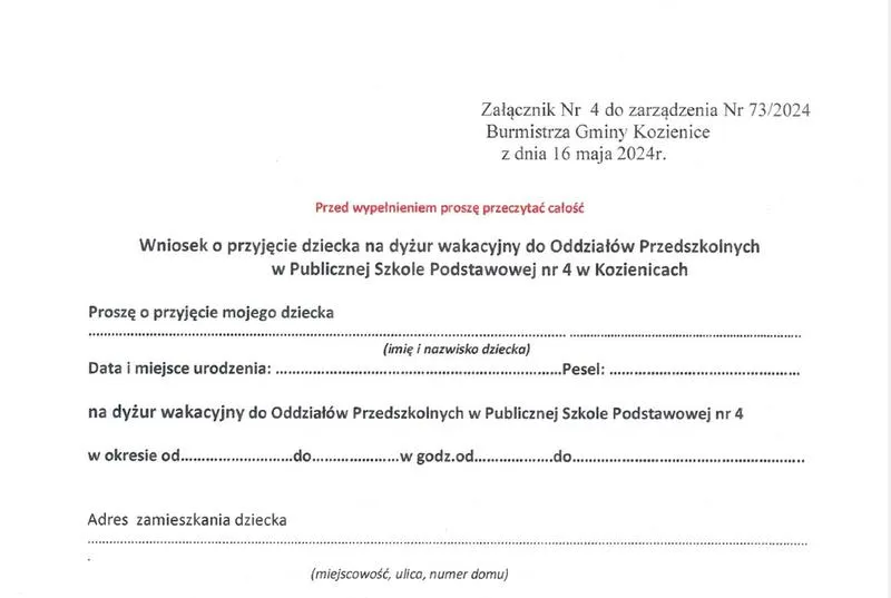 Podanie o przyjęcie do szkoły